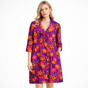 Vintage 70s Pink Purple Floral Short Dress L